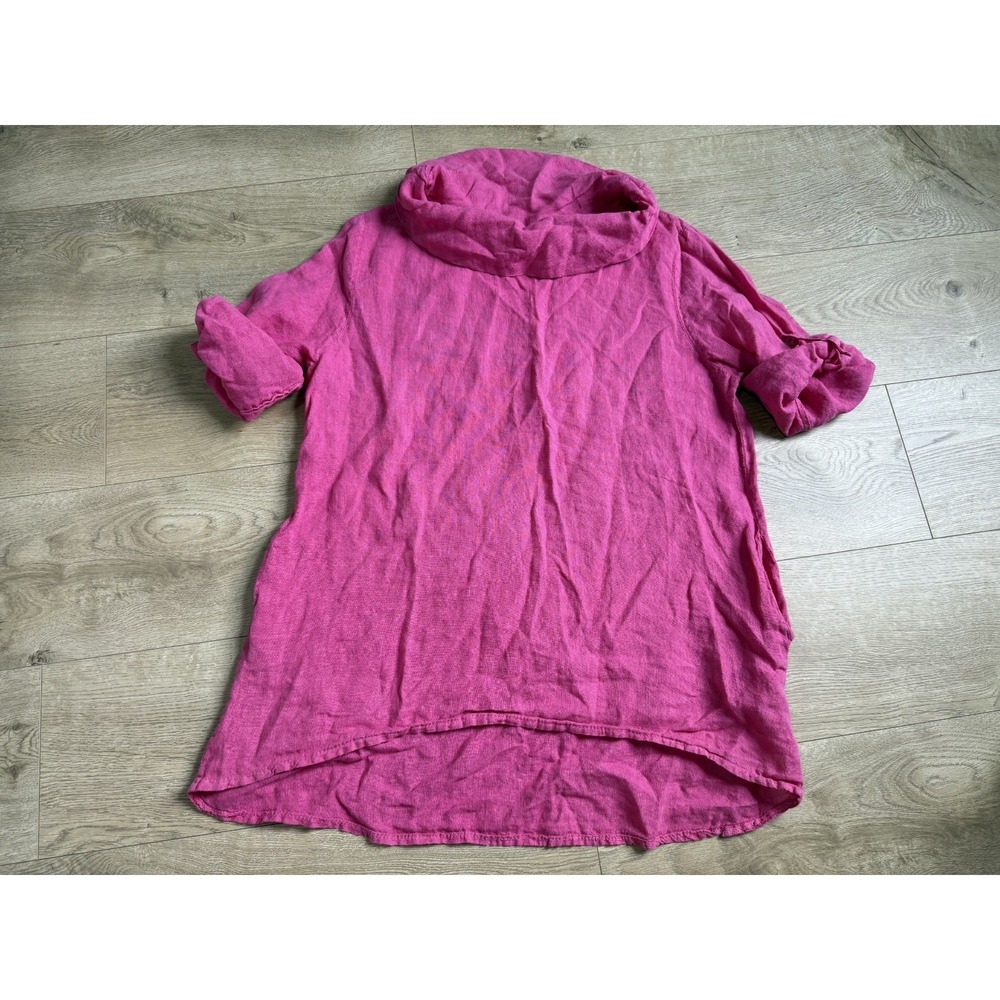 EUC Bella by Cassie bright pink roll tab cowl neck pocket tunic ITALY linen sz L